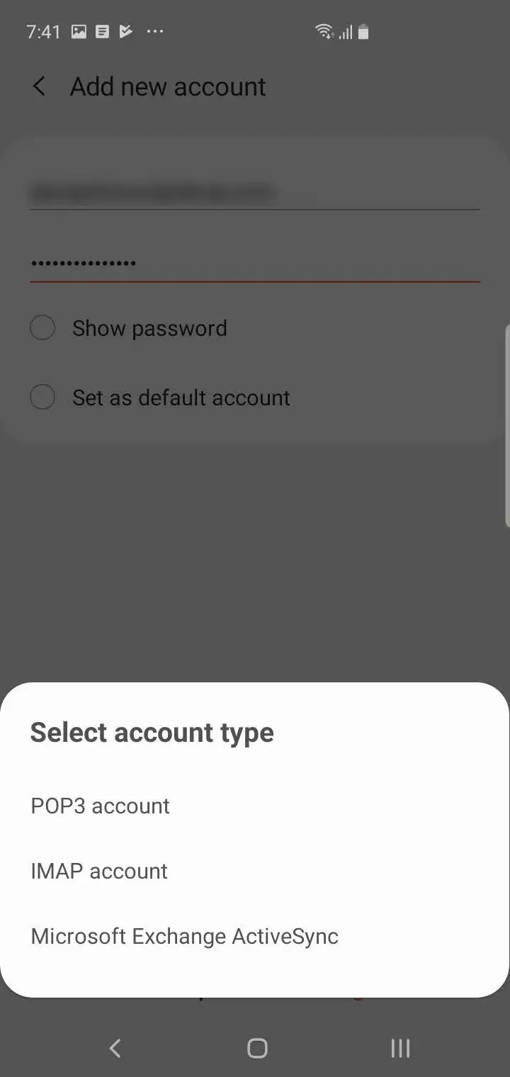 Email account popup options for manual setp